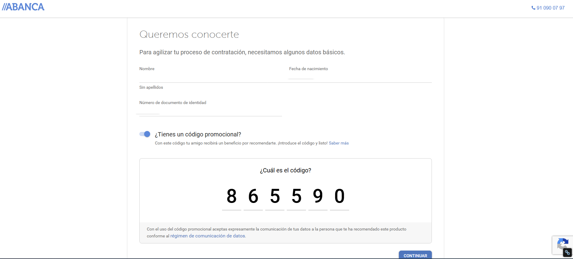Captura de pantalla: dónde introducir el código Abanca